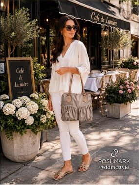 MZ Wallace EUC Taupe Nylon Satchel with Tan Leather Trim Double Pockets